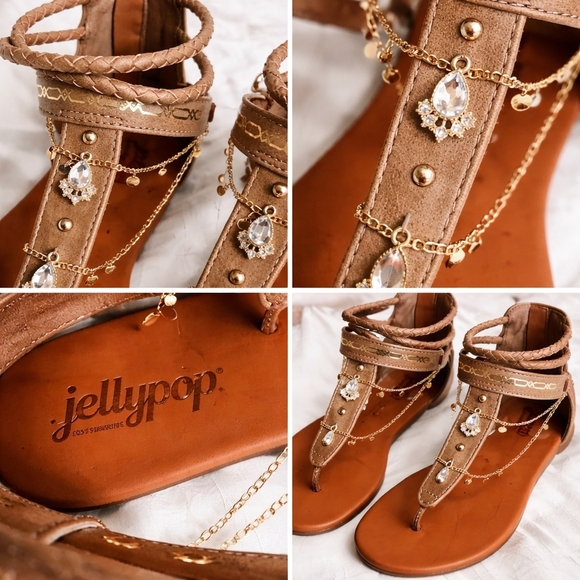 New! Jellypop Tan Boho Chain T-Strap Sandals ✨ Gold Charms ☆ Size: 8 ☆ - Picture 2 of 2